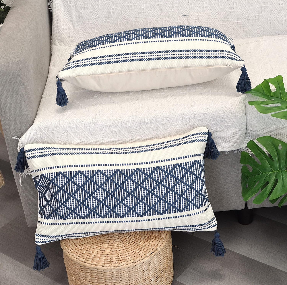 Decorative Boho Lumbar Pillow Covers with Tassels Navy Blue Off White, 12x20 ...