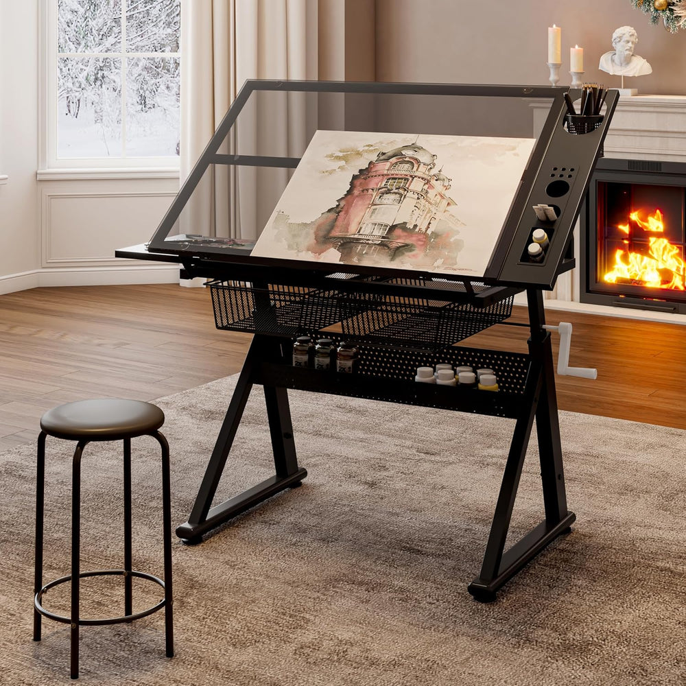 Black Hand Crank Adjustable Tempered Glass Drafting Table with Chair and Stor...