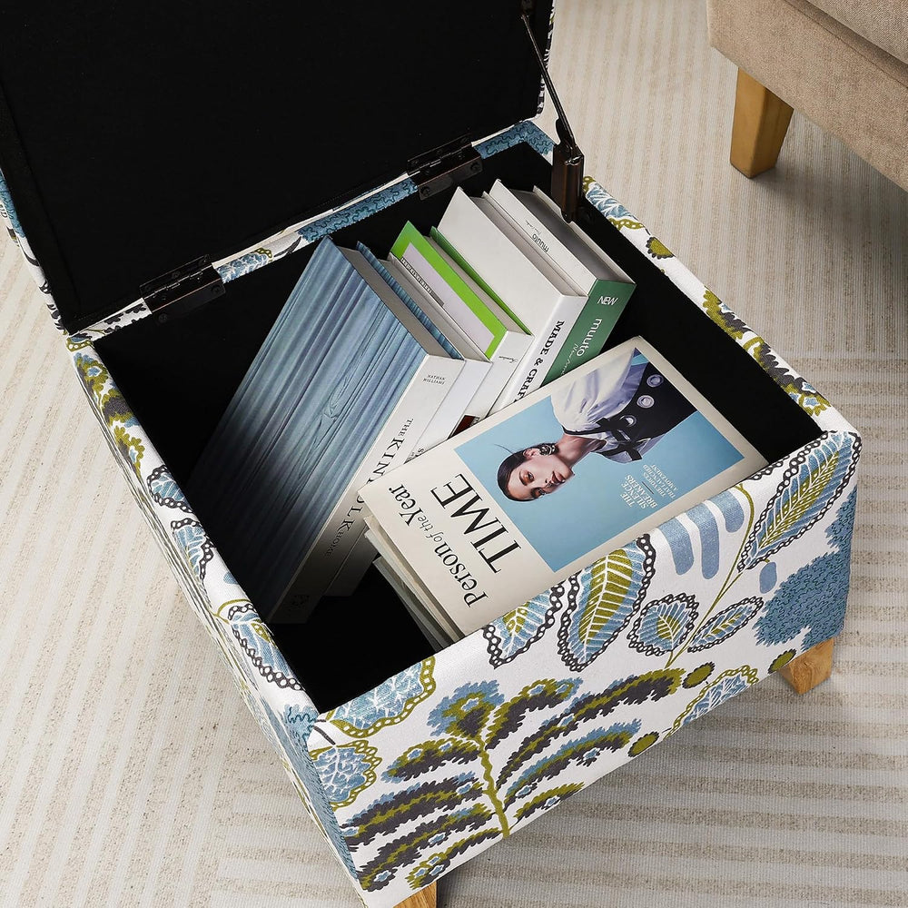 Adeco 18 Inch Linen Storage Ottoman Cube, Upholstered Footstool for Living Ro...