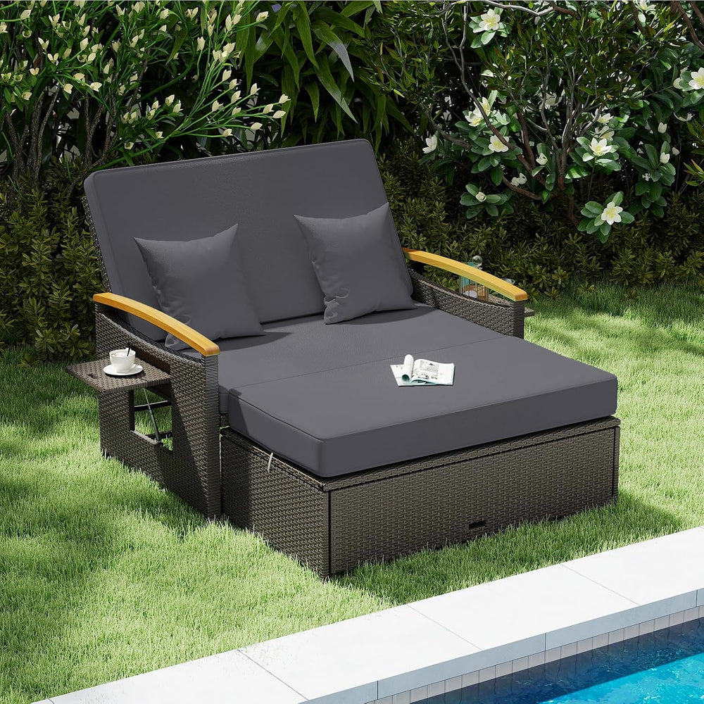 Tangkula Patio Rattan Daybed, Outdoor Wicker Loveseat, Grey & Brown