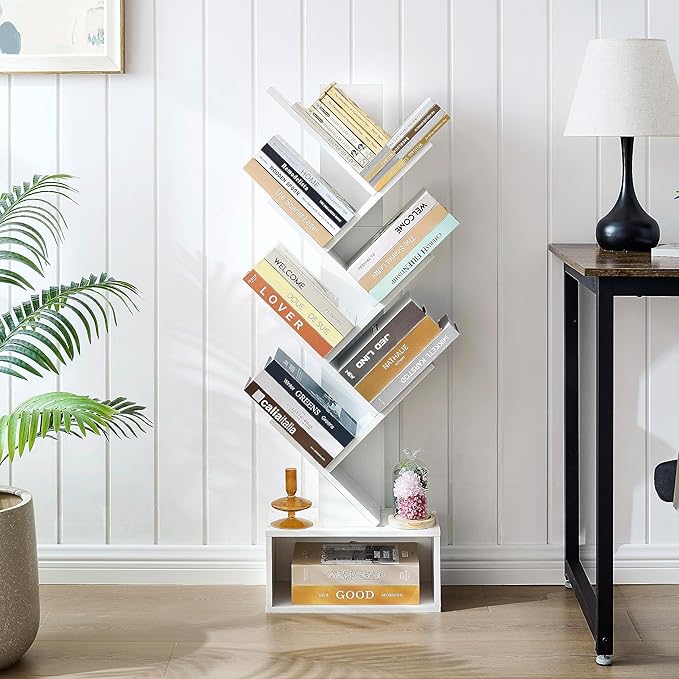 Hoctieon 6 Tier Tree Bookshelf, Tall Bookcase with Drawer, Freestanding Book ...