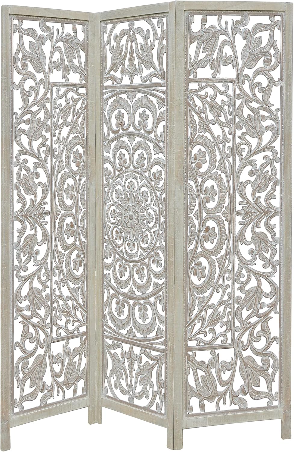 COTTON CRAFT Room Divider Wood Screen - Hand Carved Folding 3 Panels 60x72