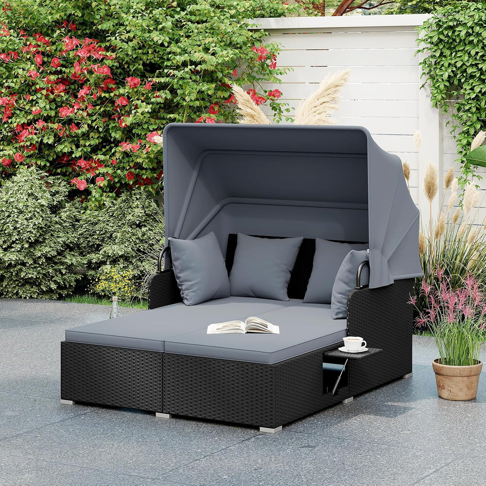 DREAMADE Outdoor Daybed with Canopy, 2 Person Rattan Patio Sunbed, Grey