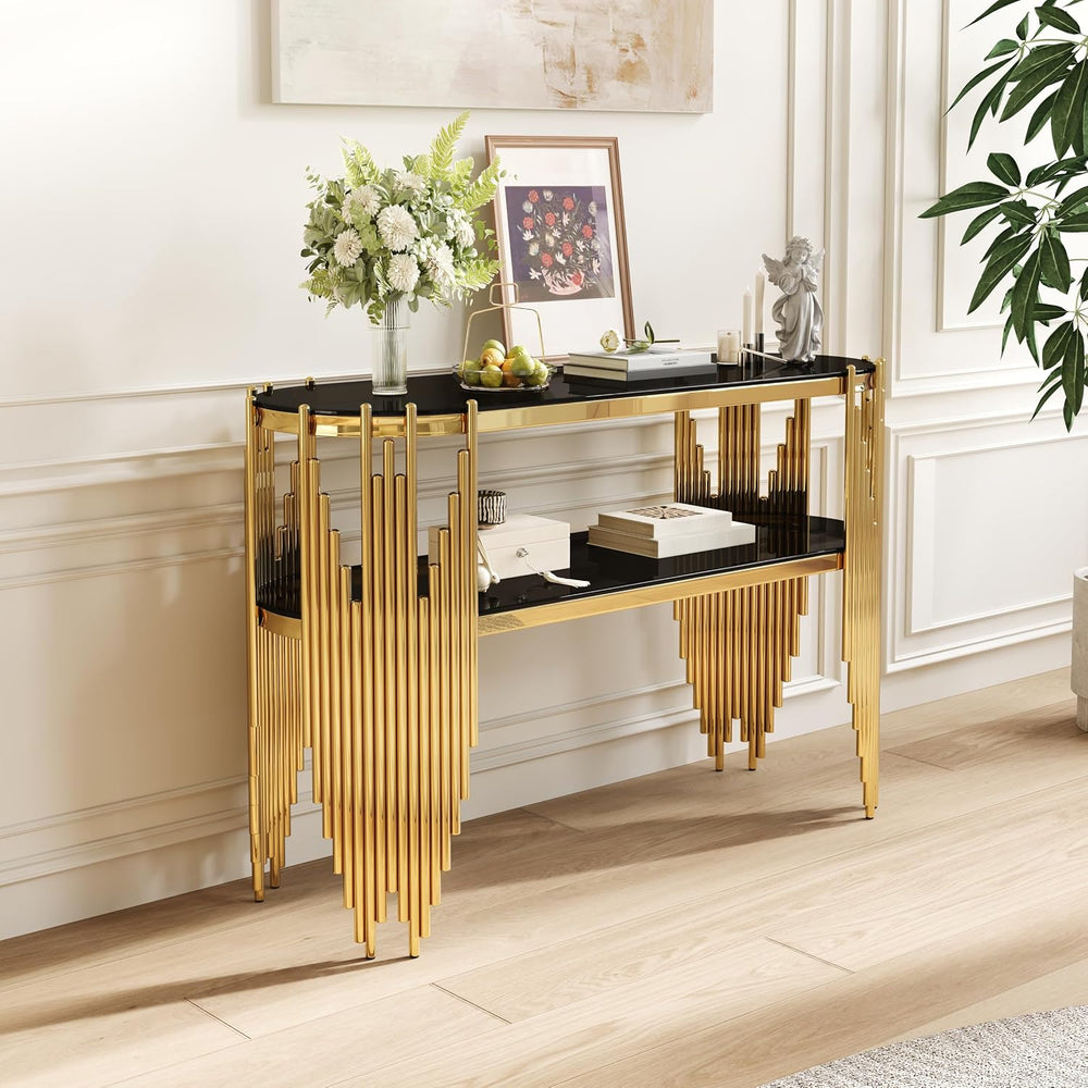 Modern Gold Glass Console Table with 2-Tier Shelves, Luxury Oval Entryway Tab...