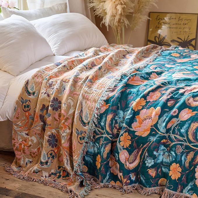 MSGKV Boho Throw Blanket for Bed 60"x80" Cotton Birds Floral Twin S...