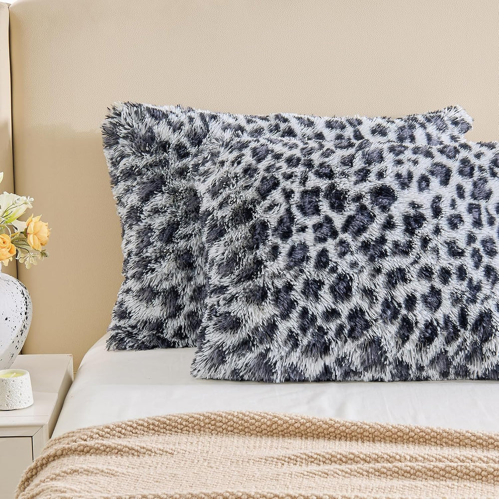 EMME Faux Fur Comforter Sets King Size Grey Leopard Soft Fluffy Bedding