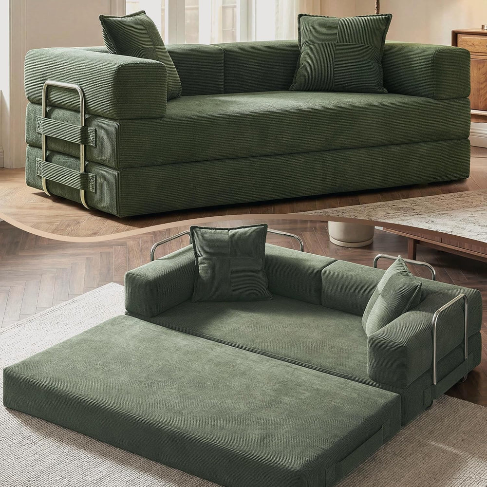 GRUSIGN 78" 5-in-1 Convertible Futon Sofa Bed, Boneless Corduroy, Green