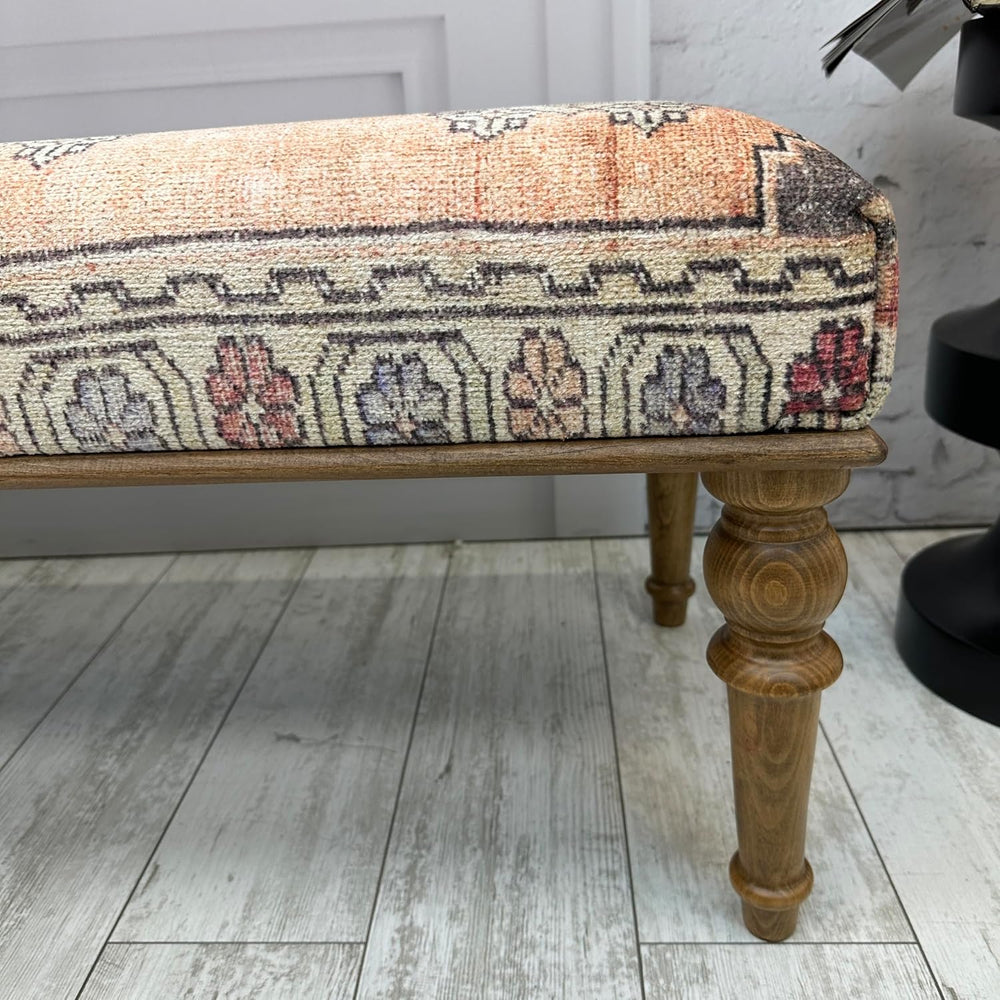 Ottoman Bench with Rug Upholstered Handmade Wood Work for Boho Farmhouse Kitc...
