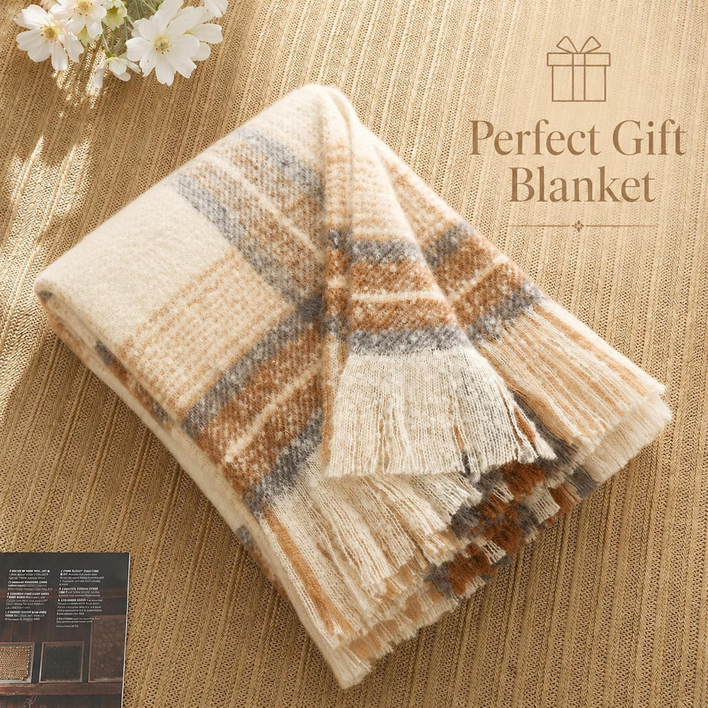 Battilo Beige Plaid Throw Blanket for Couch, Mohair Tartan Blanket 50"x6...