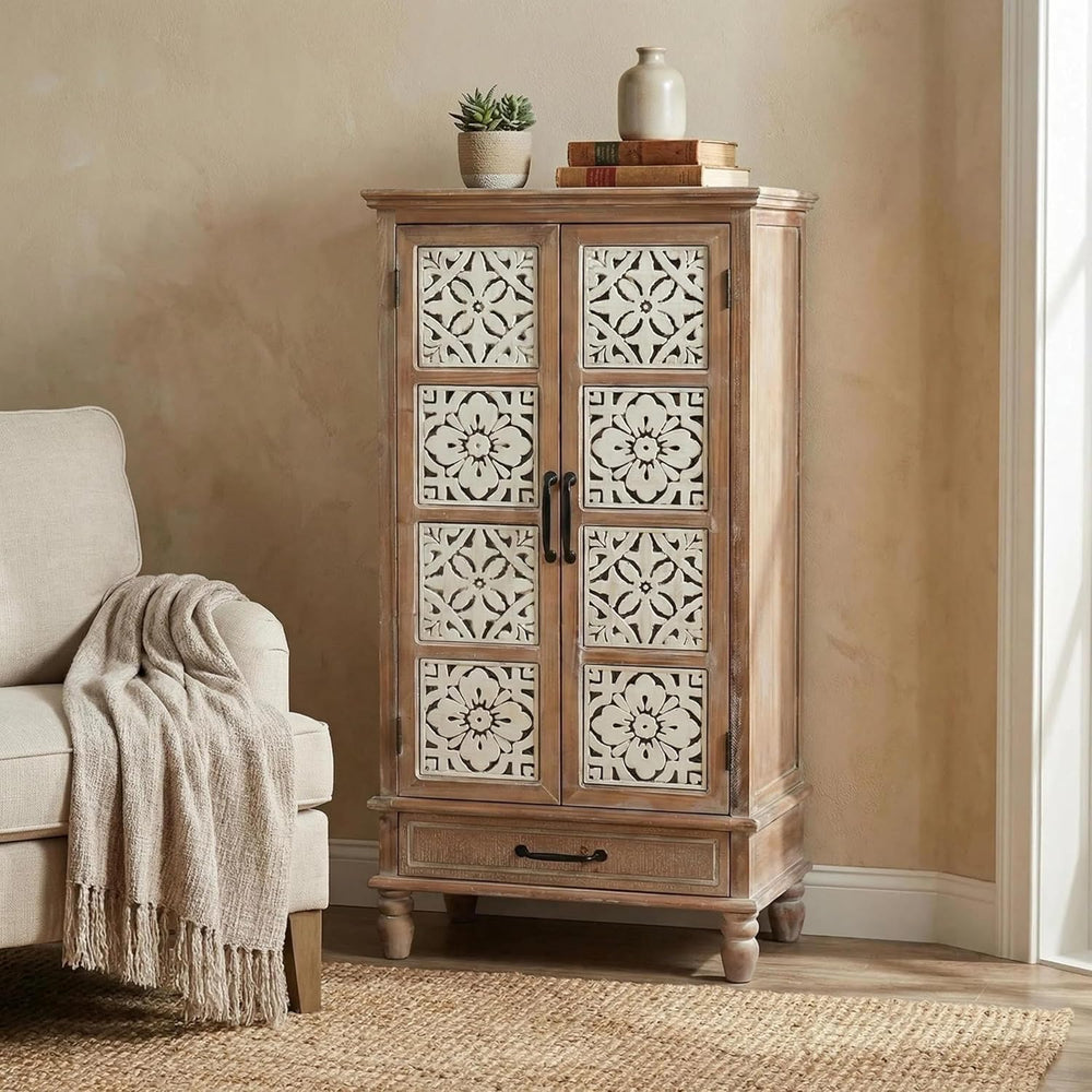 55" Tall Carved Accent Cabinet,Solid Wood Sideboards Buffet Cabinet