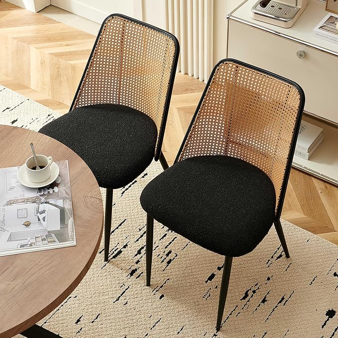 Dining Chairs Set of 2, Boho Rattan Back Dining Room Chairs Upholstered Boucl...