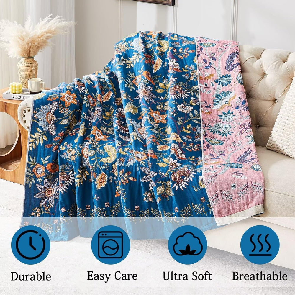 Boho Blanket Soft Muslin BohoThrow Blanket, 100% Cotton Floral Printed Farmho...