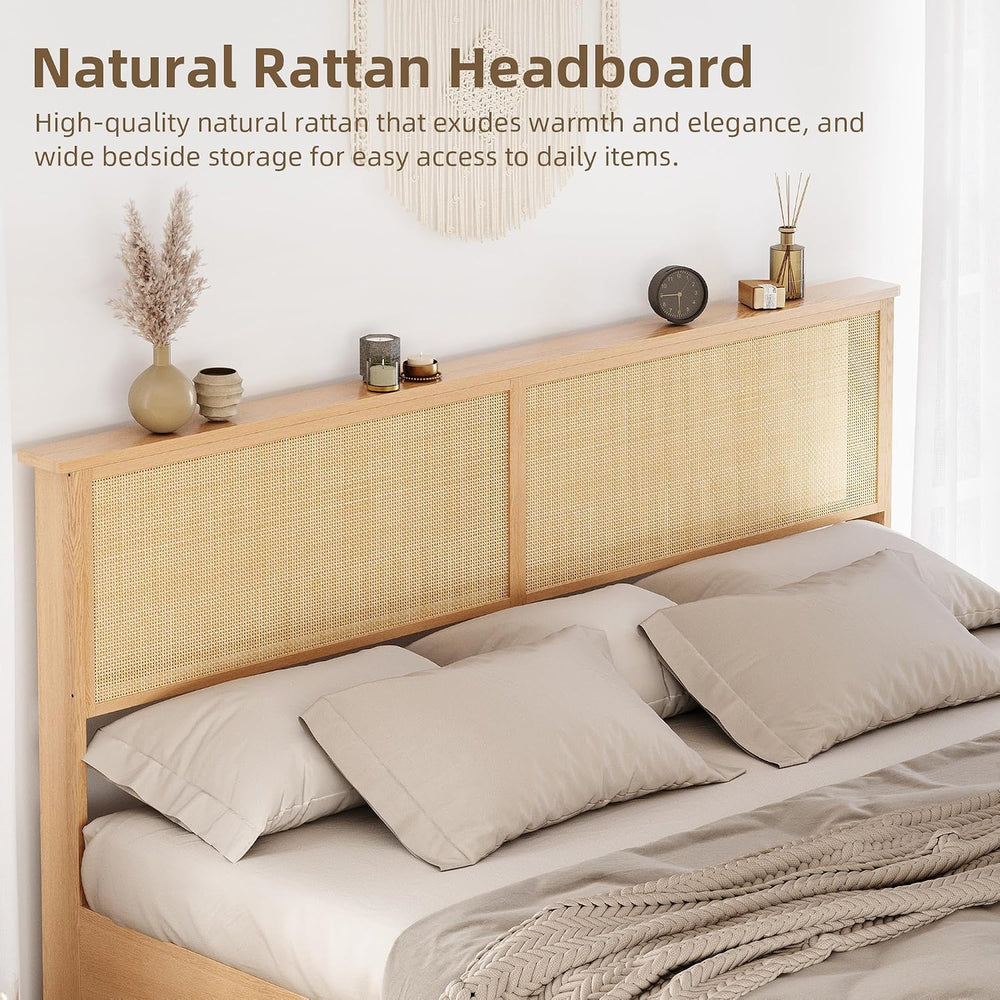 GarveeHome Natural Rattan Full Size Bed Frame with Storage Cabinets