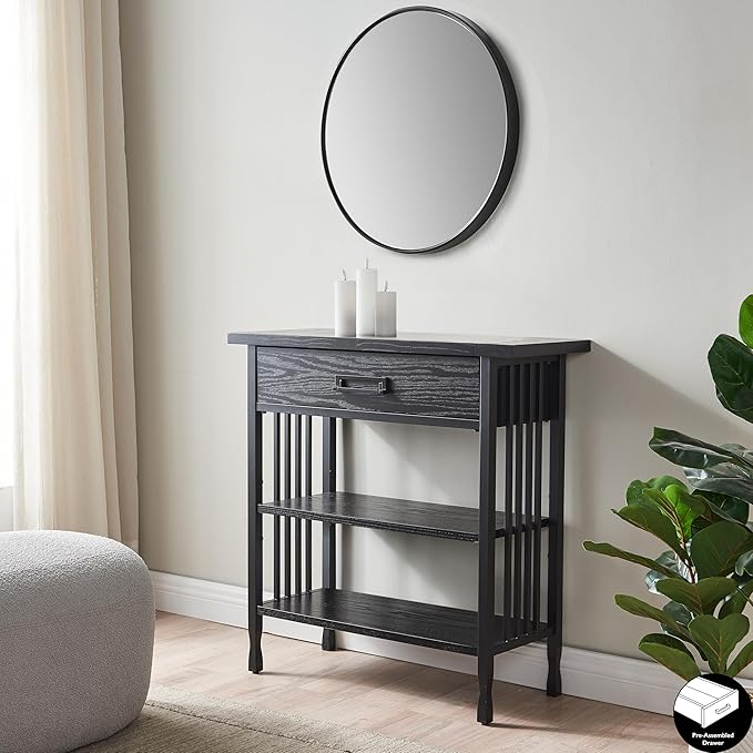 Leick Home Ironcraft Bookshelf, Solid Wood, 1 Drawer, 2 Shelves, Blackened Ha...