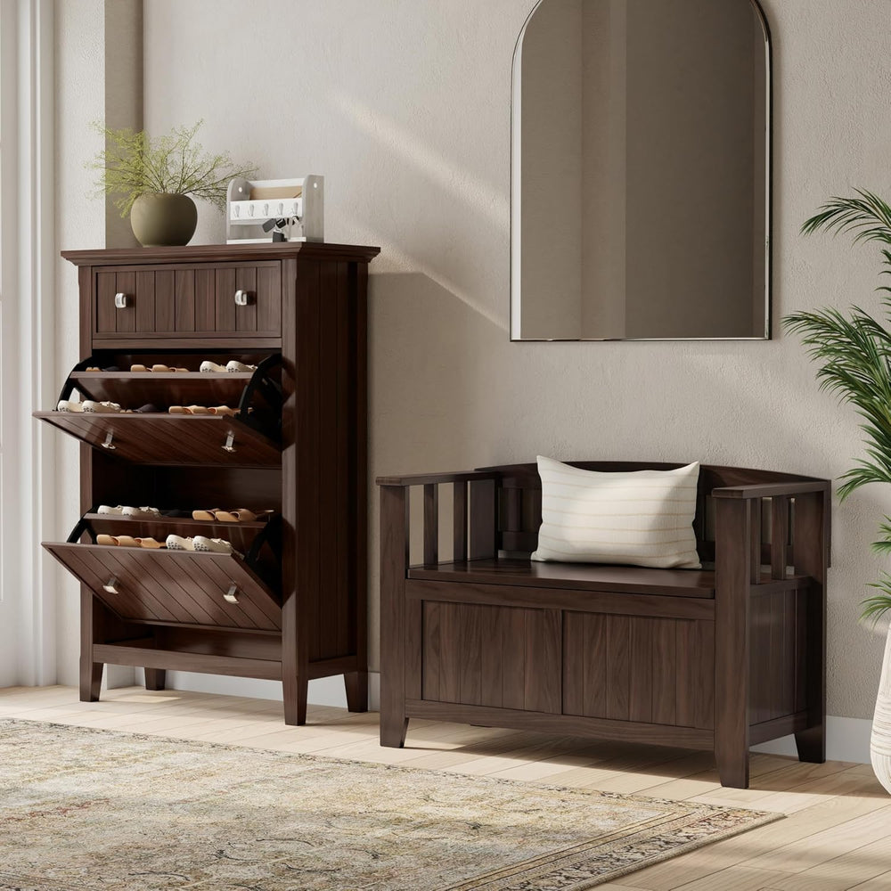 SIMPLIHOME Acadian 2-Seater Storage Bench and Cabinet Set in Brunette Brown