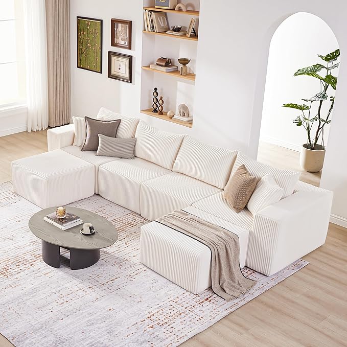 135.4" Cloud Couch Sectional, Modular Sectional Sofa with Deep Seat, Plush Corduroy U Shaped Boneless Couch, Convertible Sectional Couches for Living Room, 6Seat, Beige