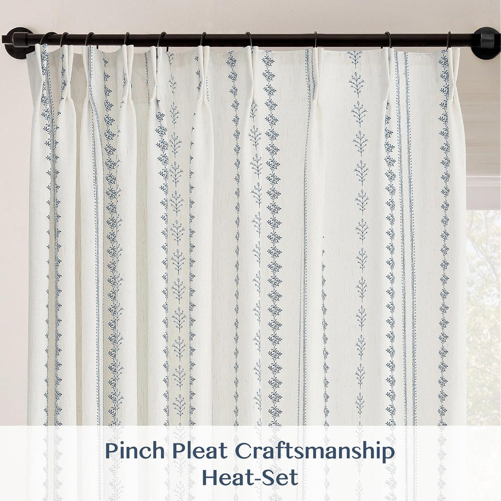 Navy Blue Floral Pinch Pleated Curtains 96 Inches Long, Block Print Vintage F...