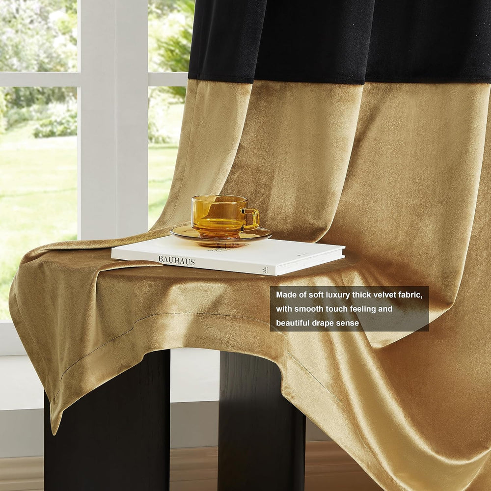 Black Gold Velvet Blackout Curtains Luxury Decor 84 inches,Color Block