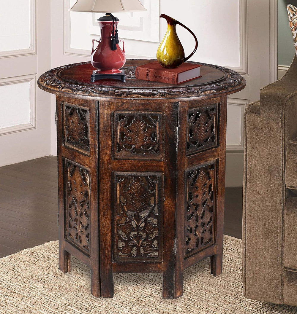 Round Wood Coffee Table - 18” Carved Small Accent Side Table with Burnt Finis...