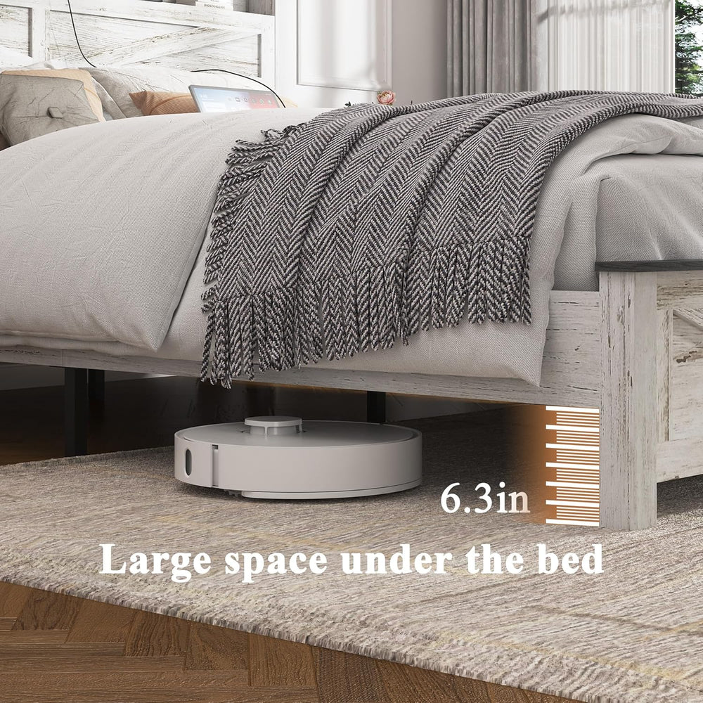 Full Size Farmhouse Wooden Bed Frame with Storage Headboard