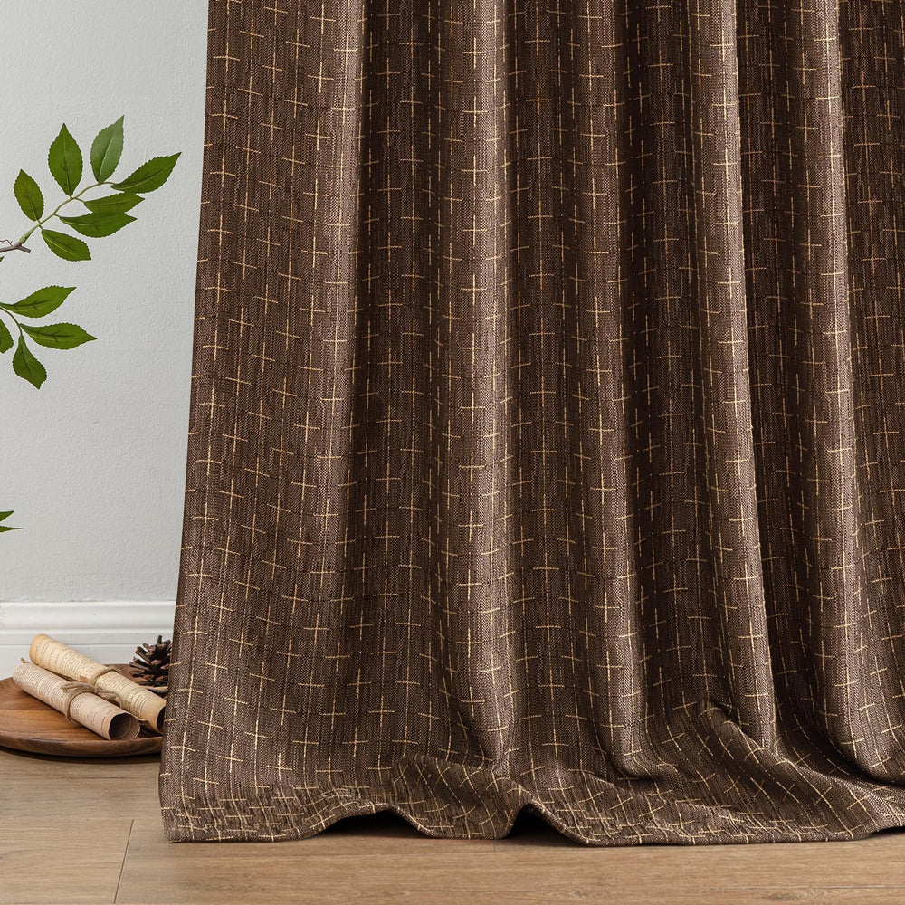 MIULEE Patterned Farmhouse Linen Curtains, Back Tab, 52Wx84L, Dark Coffee