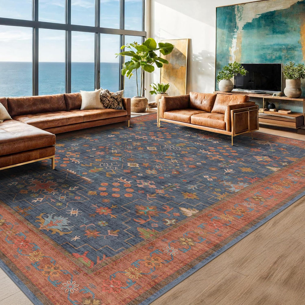 Washable Navy Blue Living Room Rug, 8x10 Area Rug For Bedroom, Dining Room Ru...