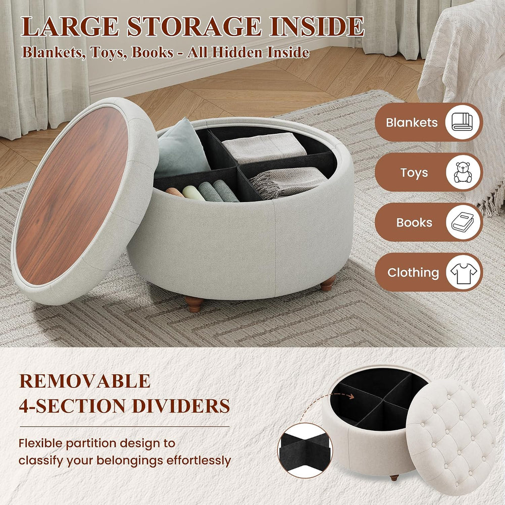 25Inch Round Storage Ottoman, Small Round Ottoman Coffee Table with Storage