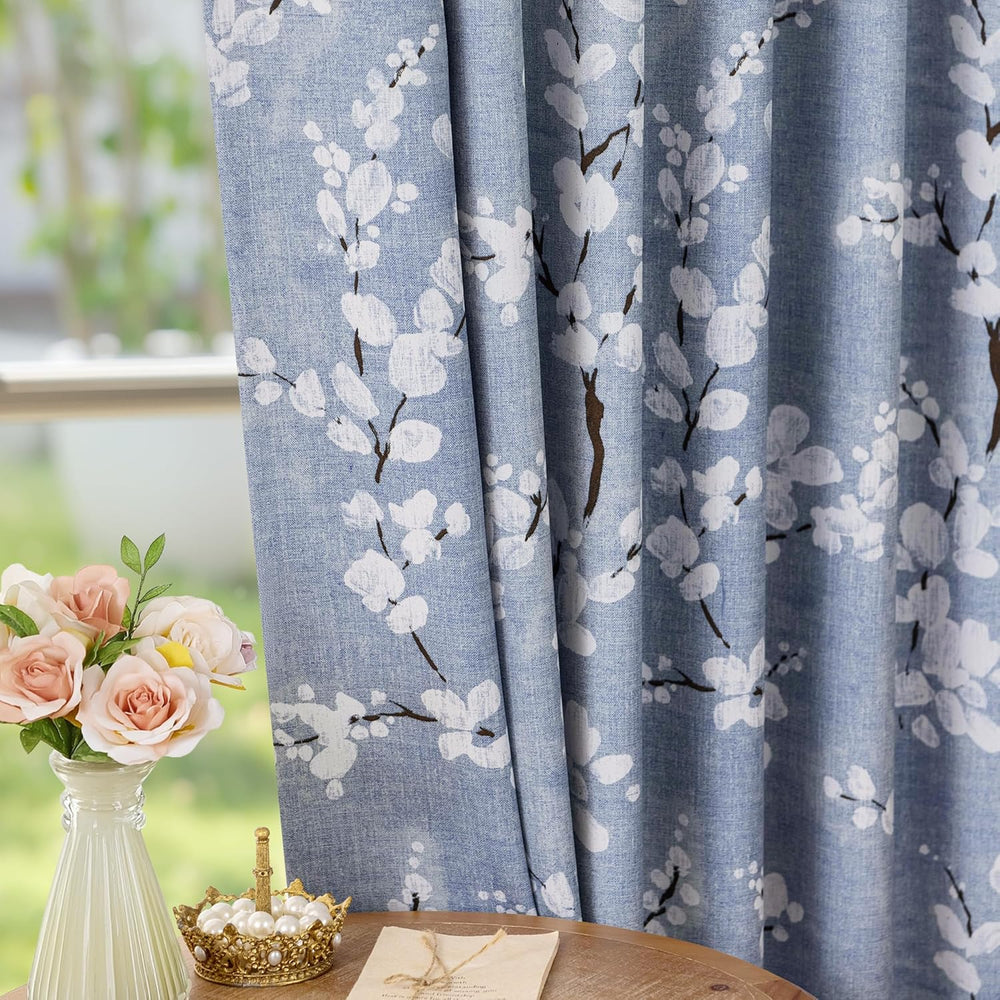 FMFUNCTEX Blue Blackout Floral Curtains for Bedroom, 63 Inches, 2 Panels