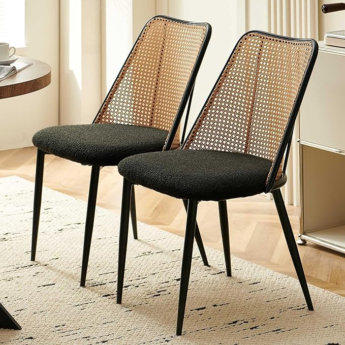 Dining Chairs Set of 2, Boho Rattan Back Dining Room Chairs Upholstered Boucl...