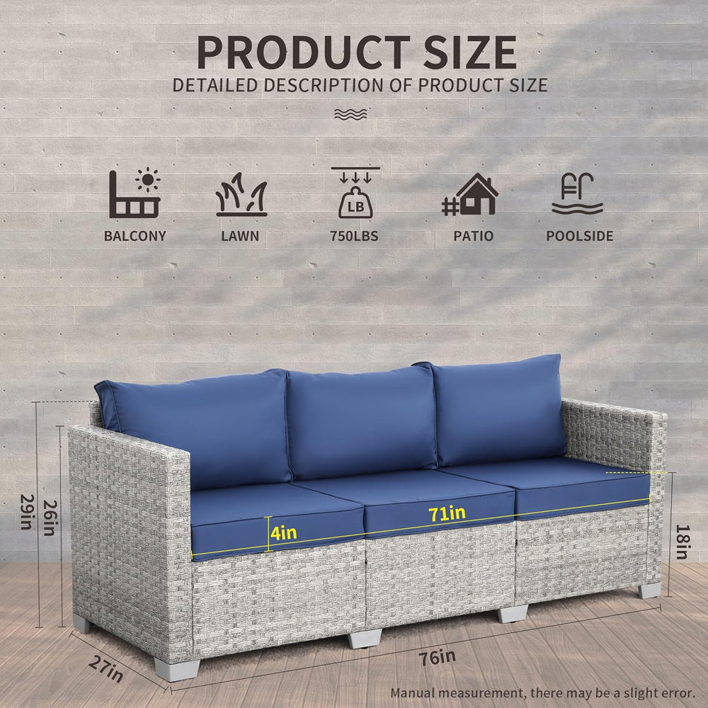 WAROOM Outdoor Couch 3 Seater Wicker Patio Sofa Grey Rattan Balcony Furniture...