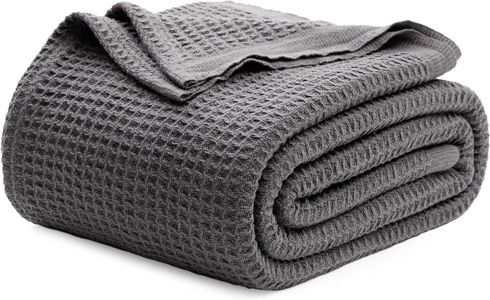 Bedsure 100% Cotton Blanket, Waffle Weave, Queen Size, Charcoal Grey