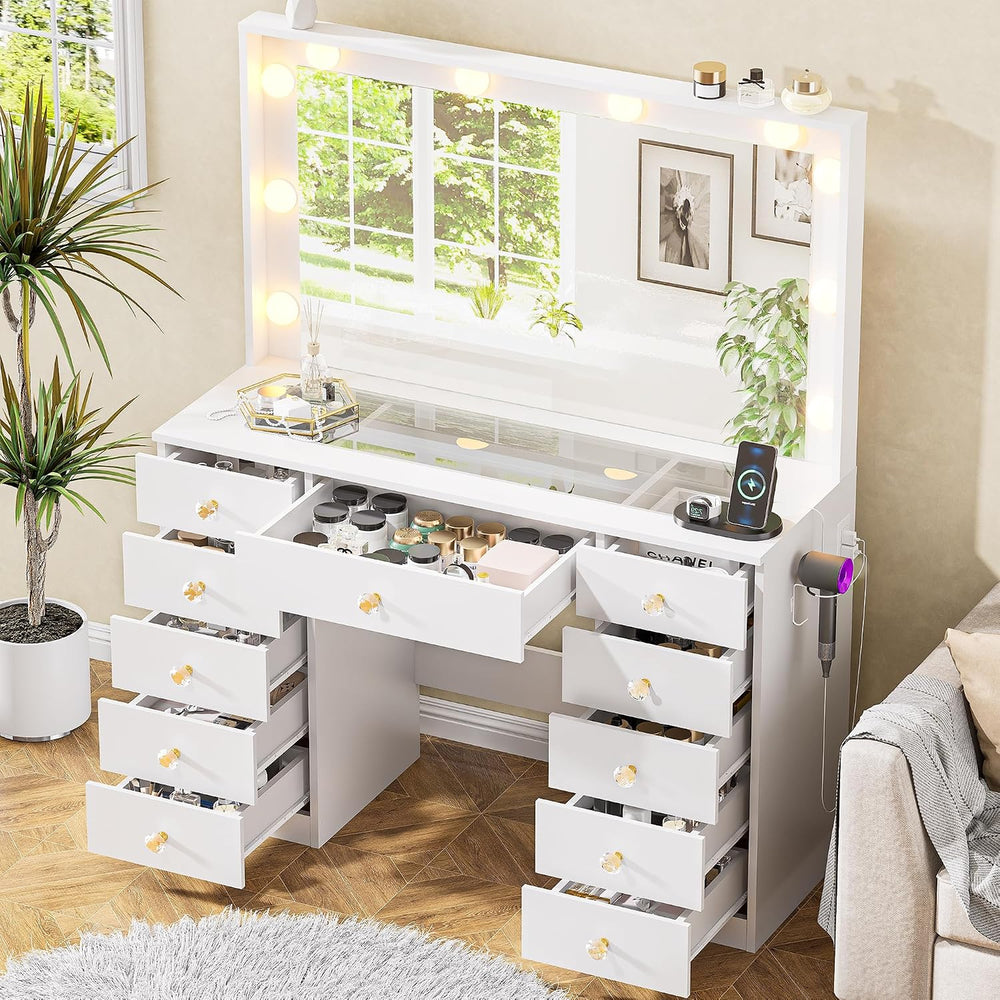DINGIPP Vanity with Large Mirror and 10 LED Lights, Vanity Desk with Glasstop...