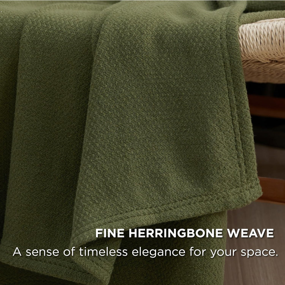 Bedsure 100% Cotton Blanket, Herringbone Weave, King, Moss Green