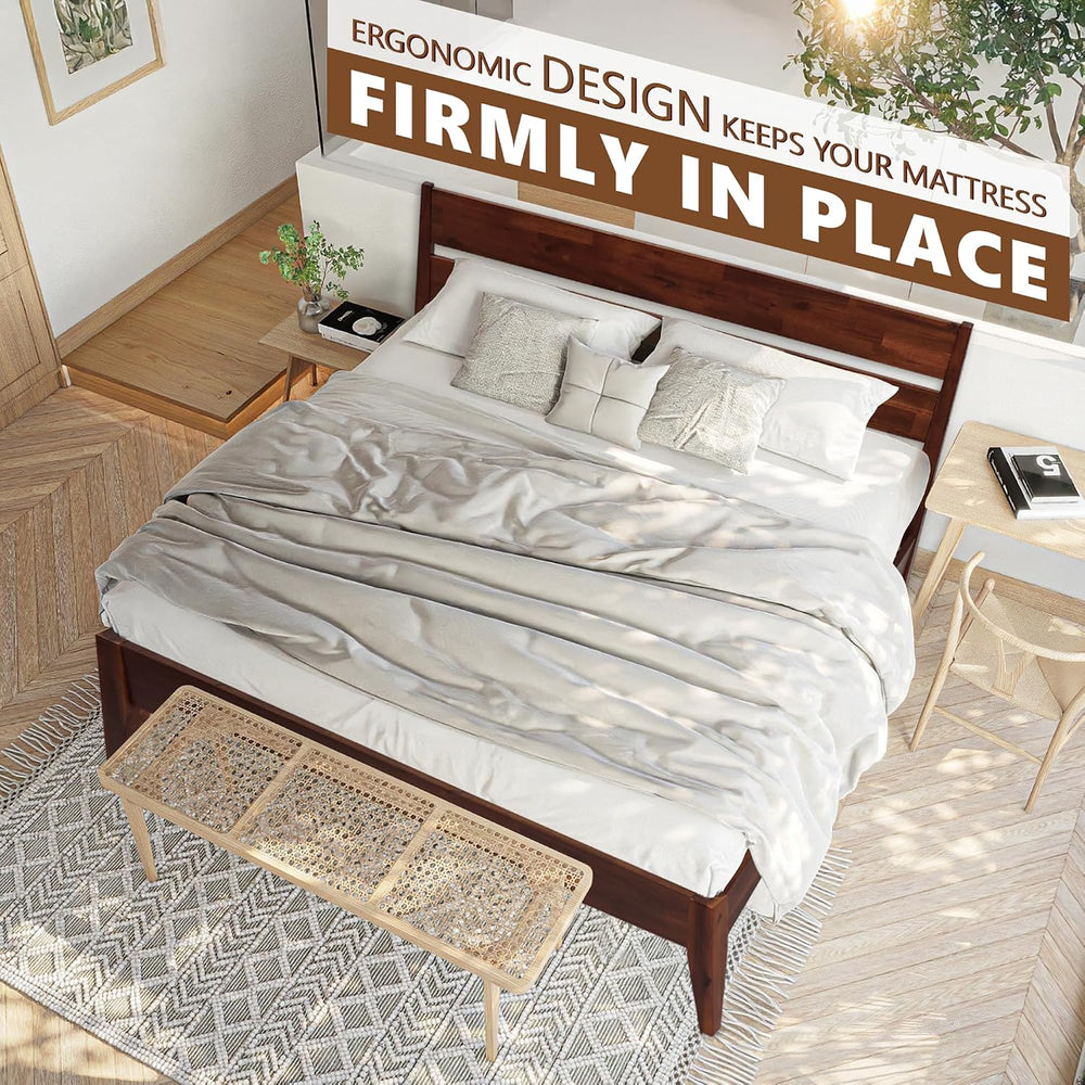 Emery Acacia Solid Wood Queen Platform Bed, Mid-Century, Chocolate.