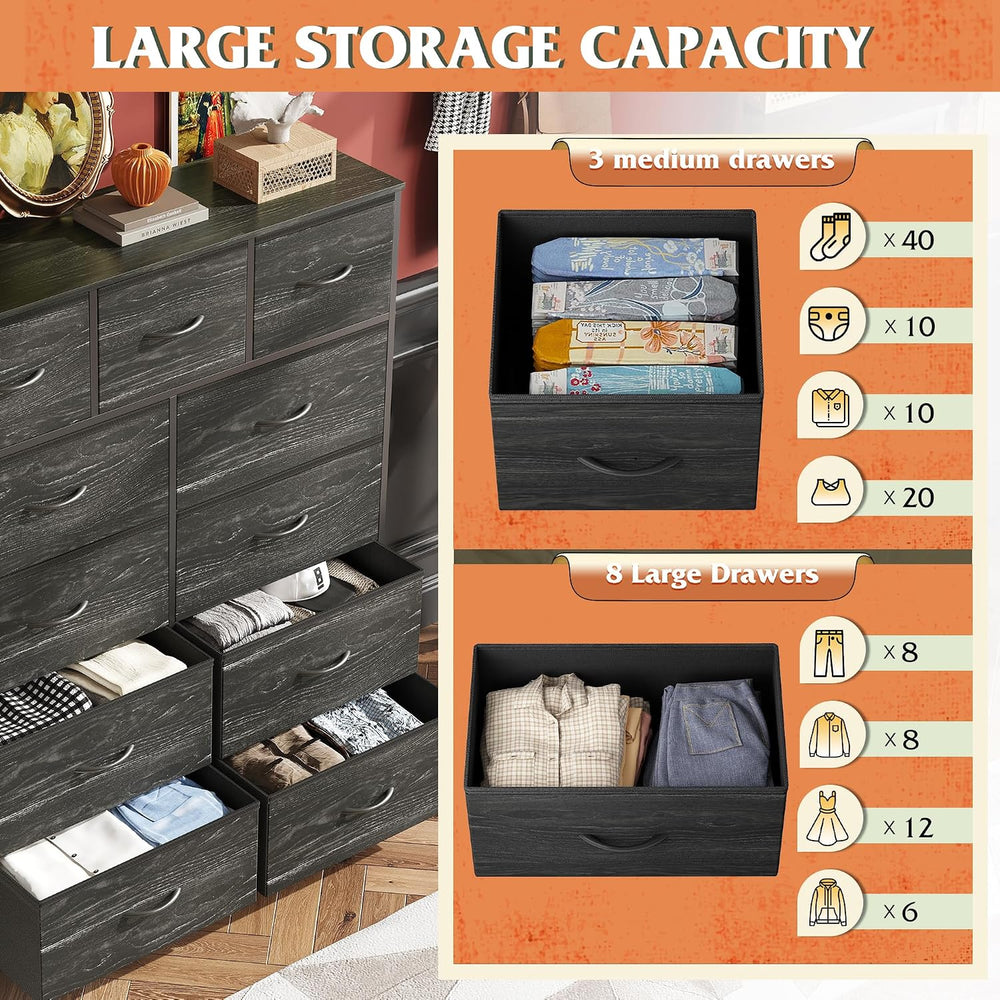 WLIVE Tall Dresser for Bedroom, 11 Drawer Fabric Dresser, Black Wood Grain