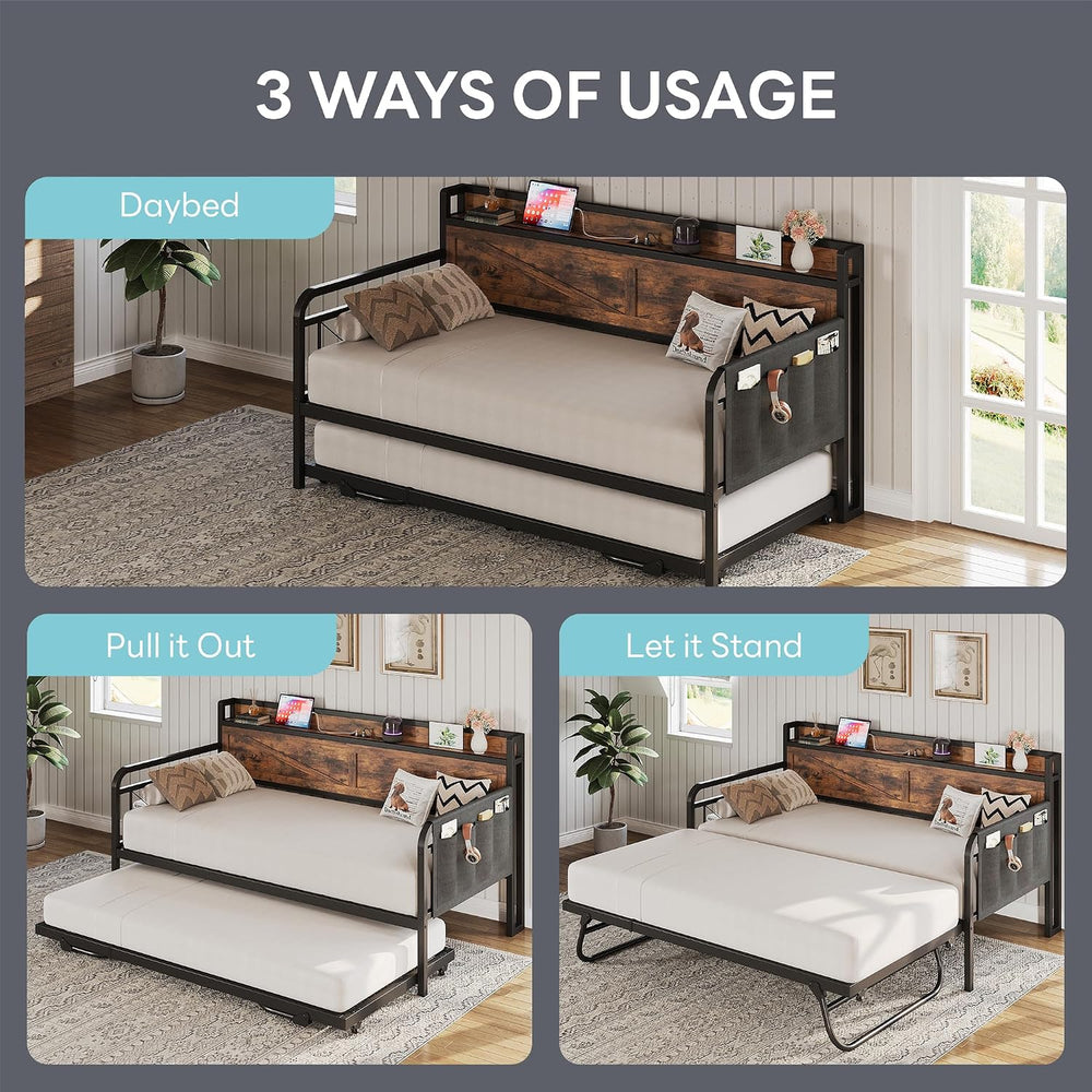 LIKIMIO Twin Daybed with Pop Up Trundle & Charging Station & Storage ...