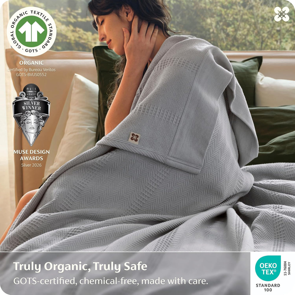 Bedsure PureWoven 100% Organic Cotton Waffle Soft Bed Blanket, Queen, Grey