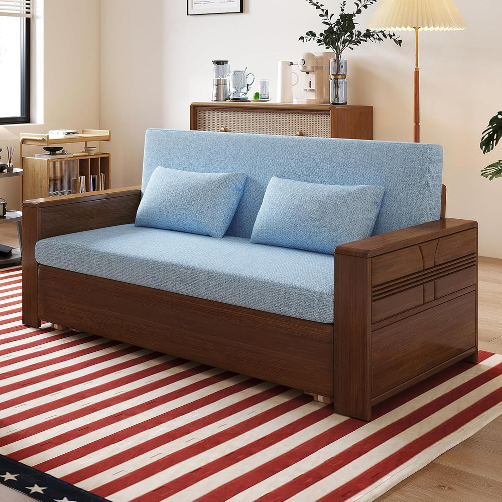 71" Solid Wood Walnut Frame Sectional Sleeper Sofa, 3-in-1 Pull Out Bed