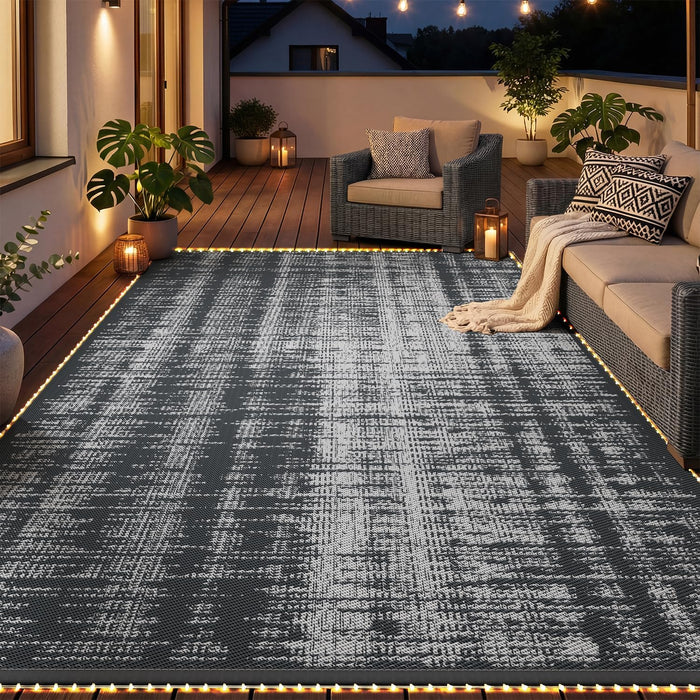 MontVoo Outdoor Rug Waterproof 6x9 ft with Strip Lights Outdoor Patio Rug Mat Reversible Plastic Straw Rug Outside Outdoor Rug for RV Camping Picnic Balcony Backyard