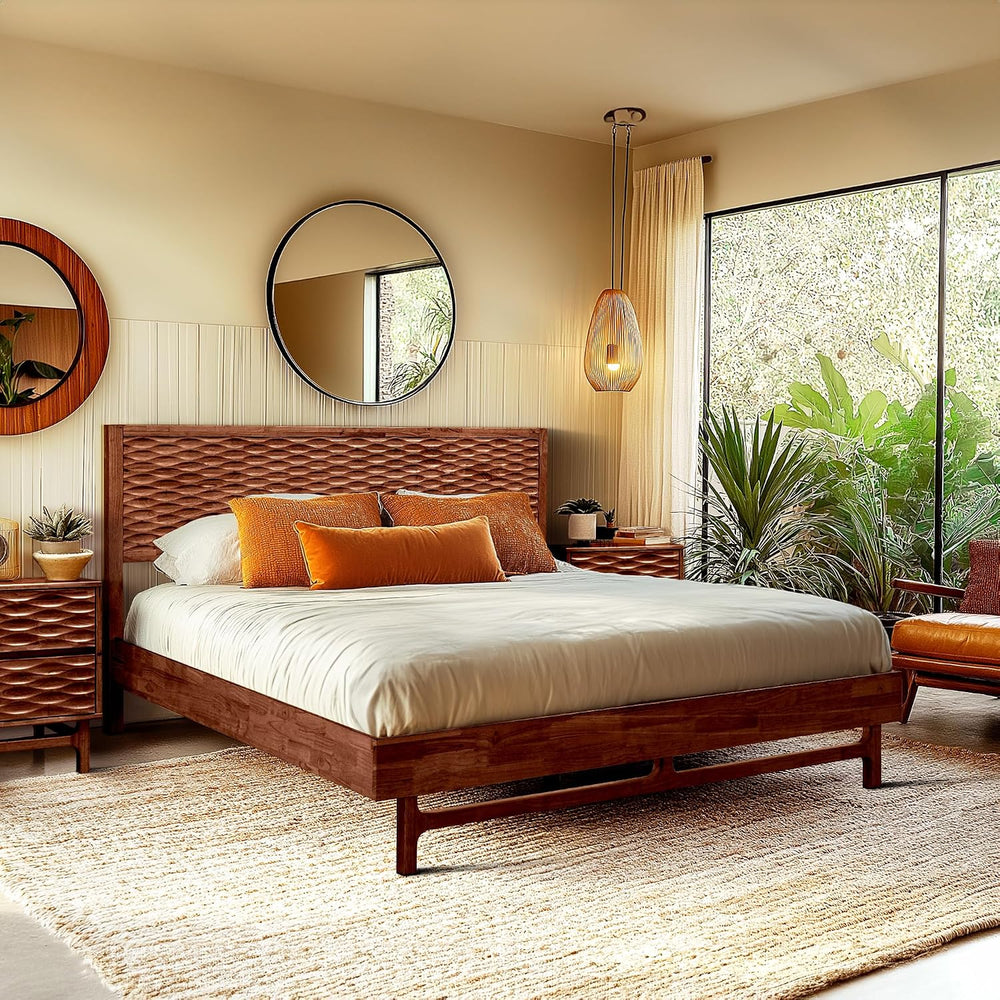 Acacia Elara Wood Bed Frame with CNC-Carved Headboard, Queen Size, Walnut
