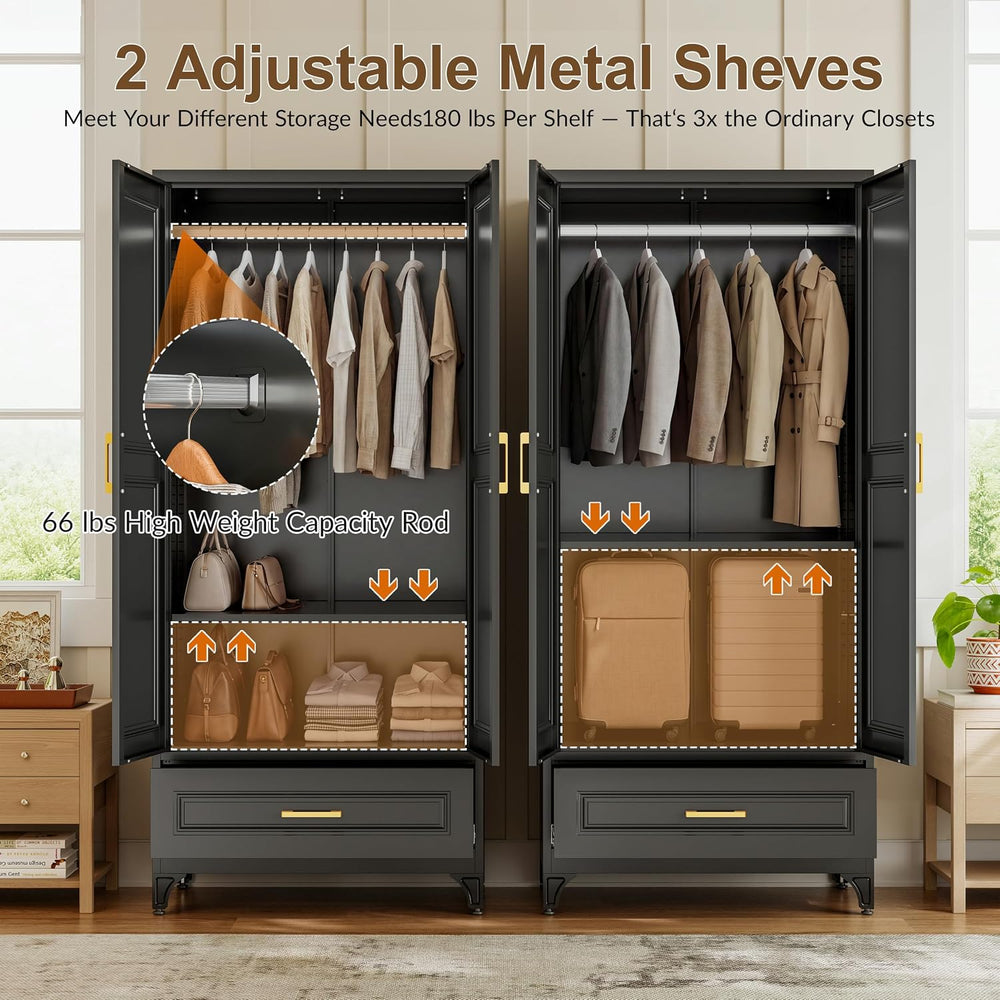71" Black Armoire Wardrobe Closet with Drawer, Hanging Rod