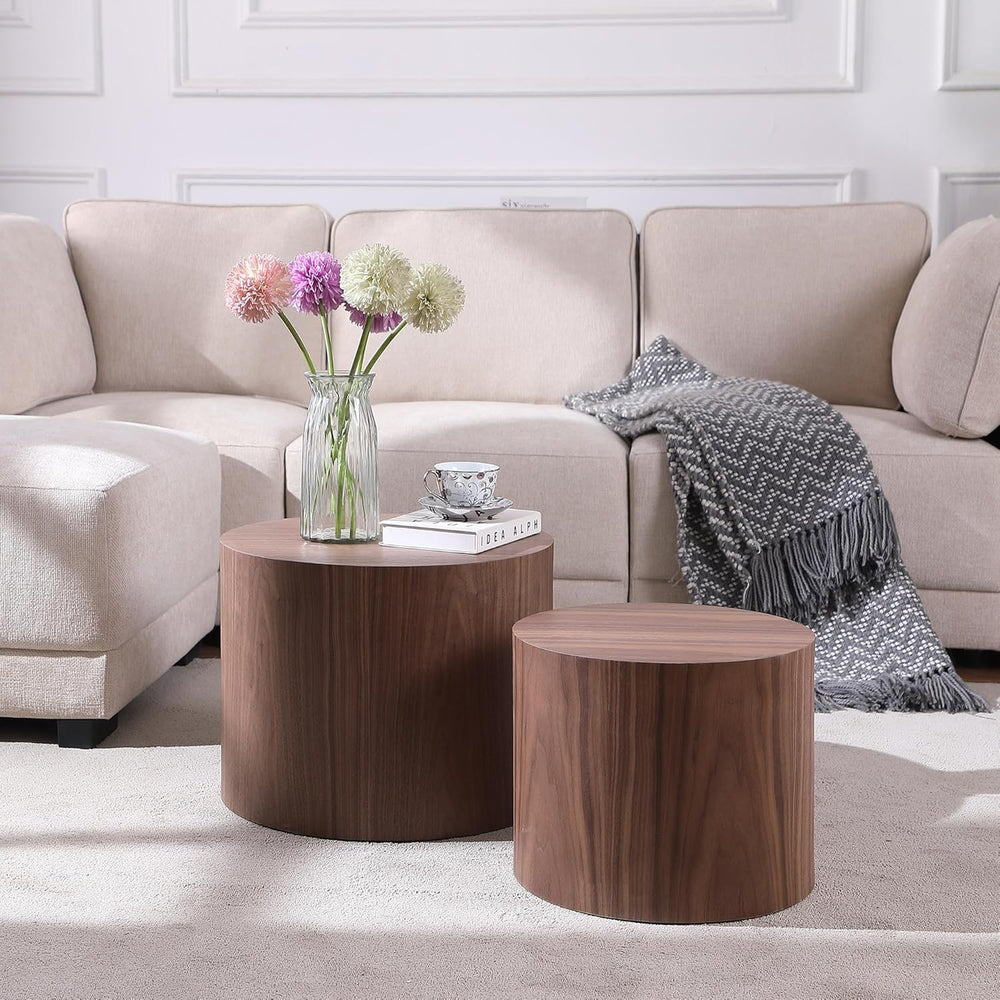 Round Coffee Table Set of 2, Nesting Coffee Table and End Table Set Wood Smal...