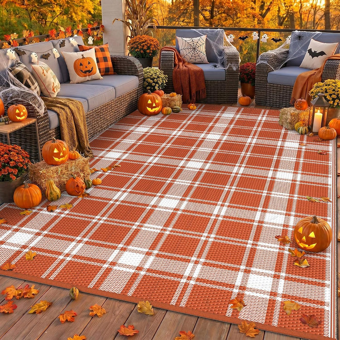 GENIMO Fall Decor Outdoor Rug, Plastic Rugs for Patio, 6'x9' Orange Plaid