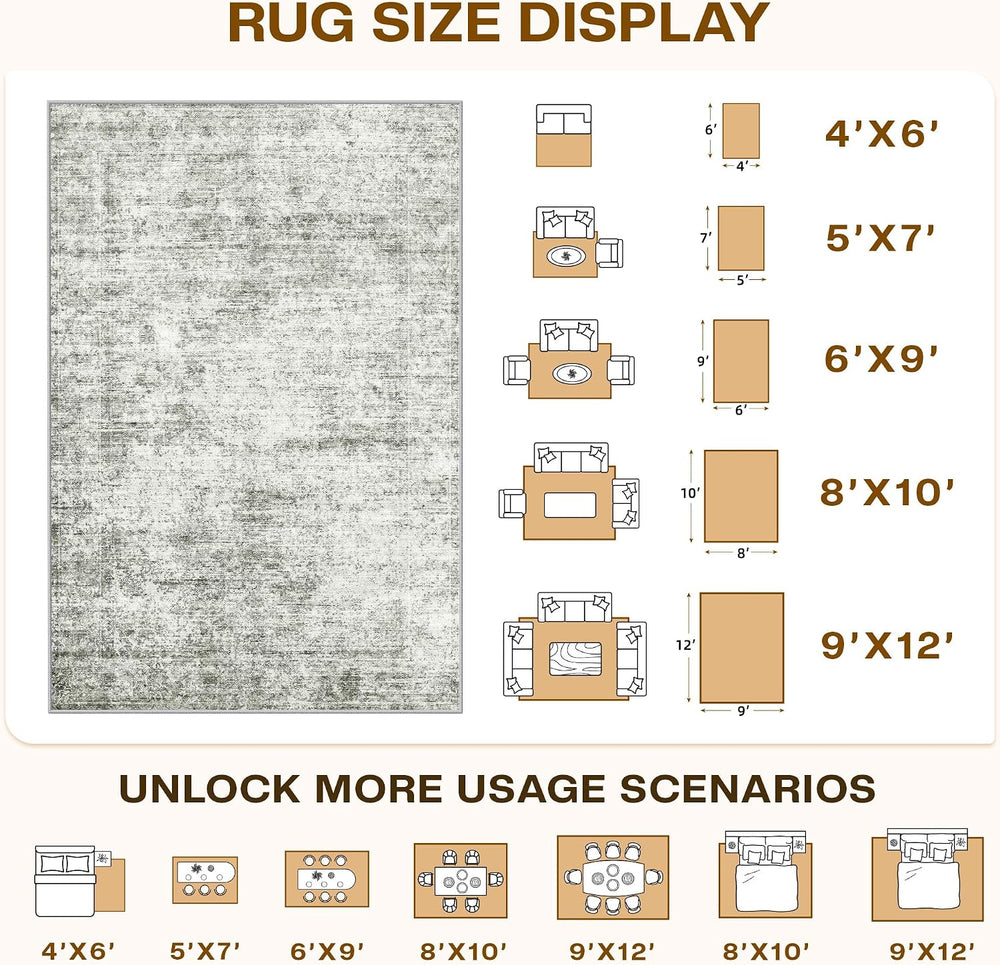 LIVELYGLOW 8x10 Washable Distressed Area Rug, Neutral Living Room Carpet