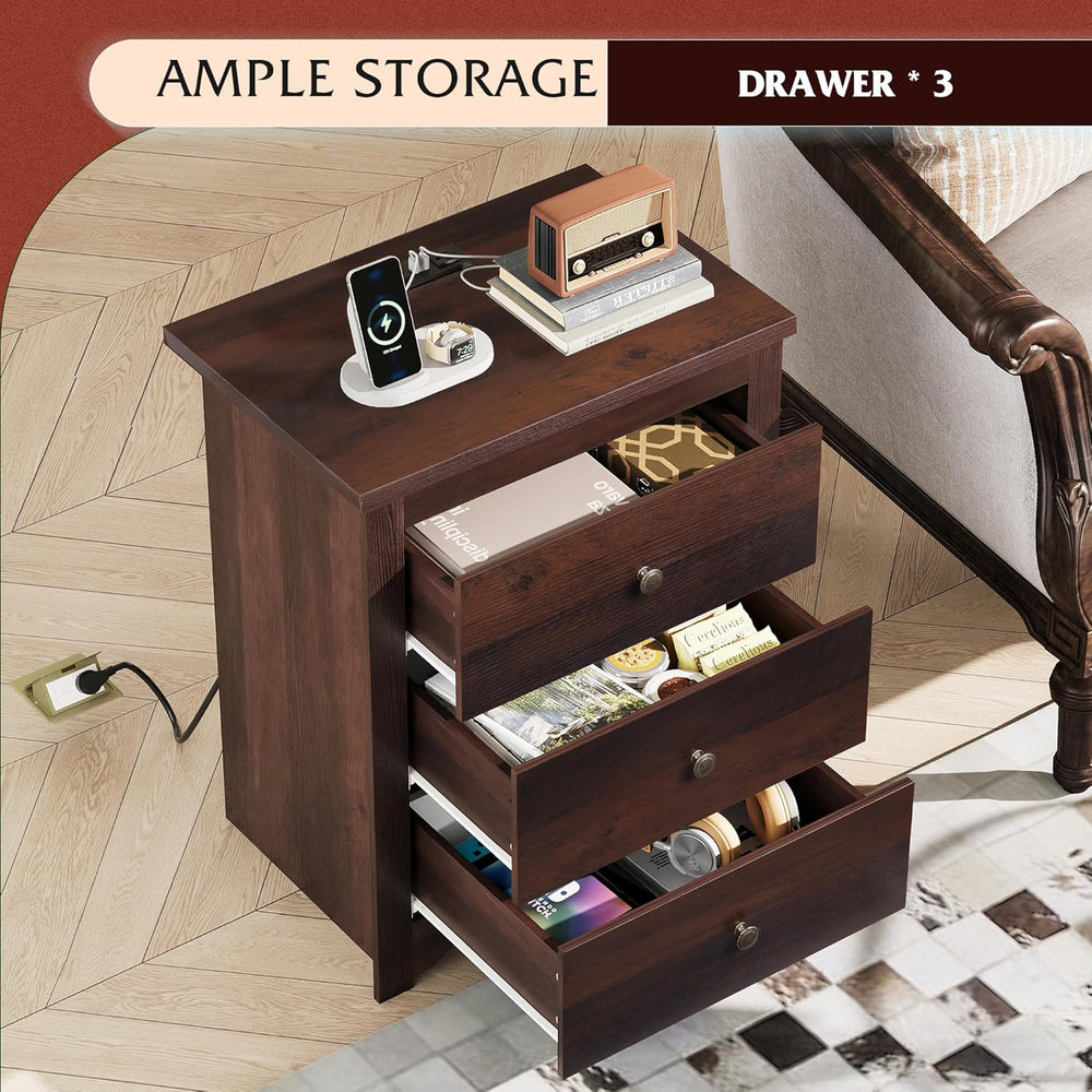 WLIVE Tall Nightstand with Charging Station, Wood Night Stand with 3 Drawers ...