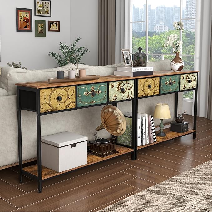 Tohomeor Entryway Console Table with 3 Retro Flowers Fabric Drawers Boho Narr...