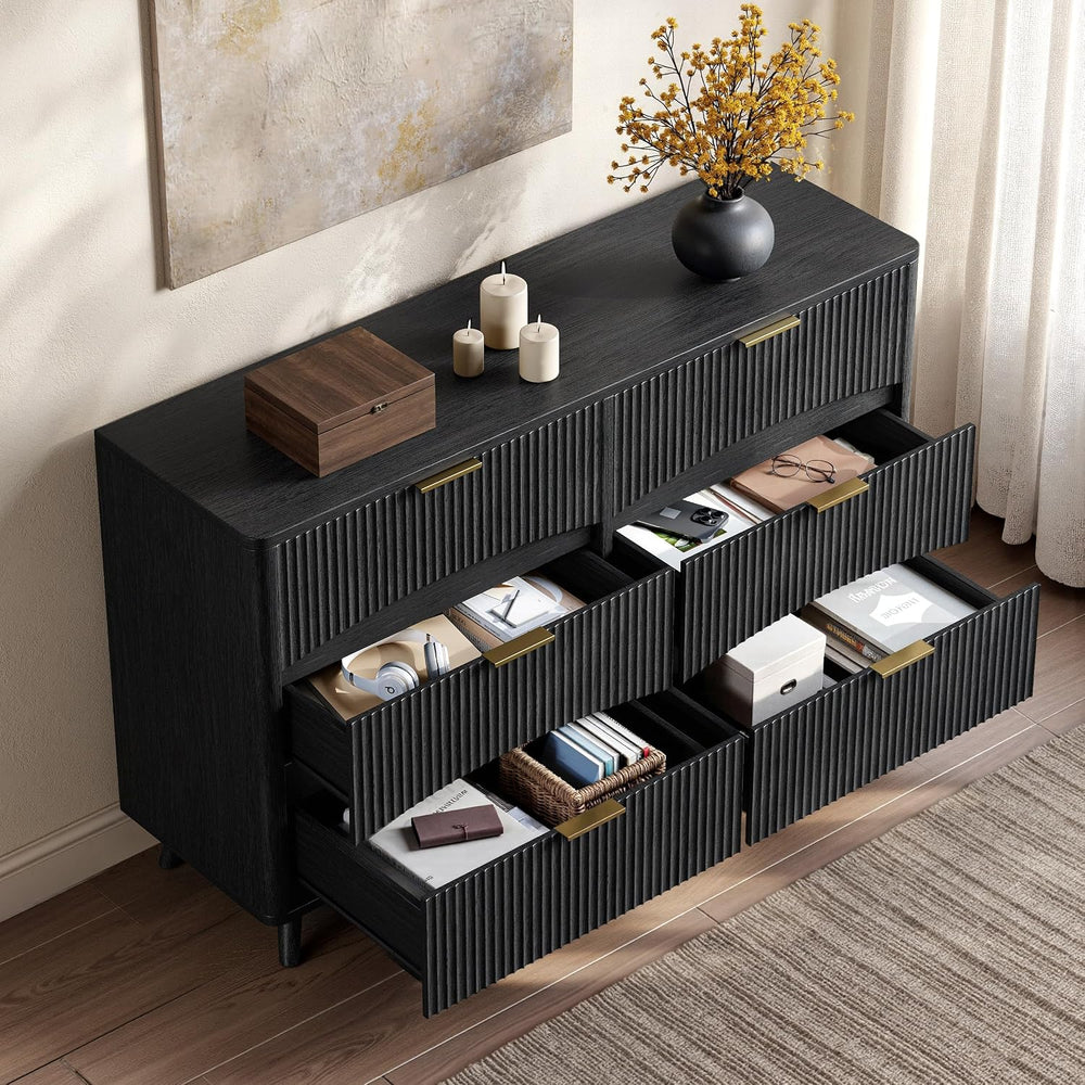 Evermagin 54 Inch Black 6 Drawer Dresser, Curved Fluted Chest of Drawers