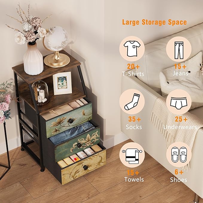 Tohomeor Dresser with Fabric Drawers Nightstand with 2 Tier Shelf Storage Tow...