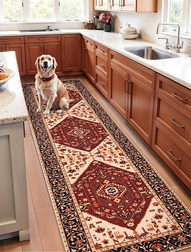 SERISSA Runner Rug for Hallways, Long Boho Rug Vintage Red Black Hallway Stair