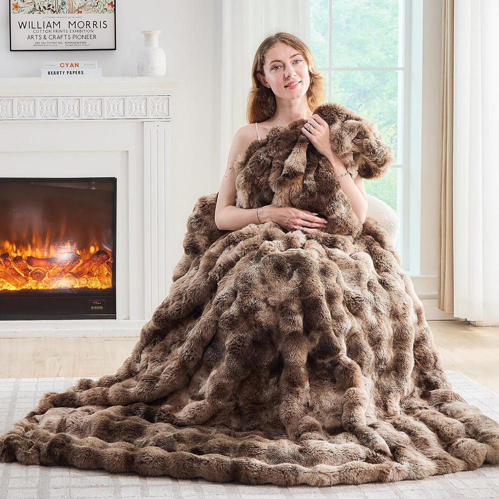 Lotus Karen Faux Fur Throw Blanket Tie-Dye Dark Coffee-Big Bubble Rabbit Fluf...